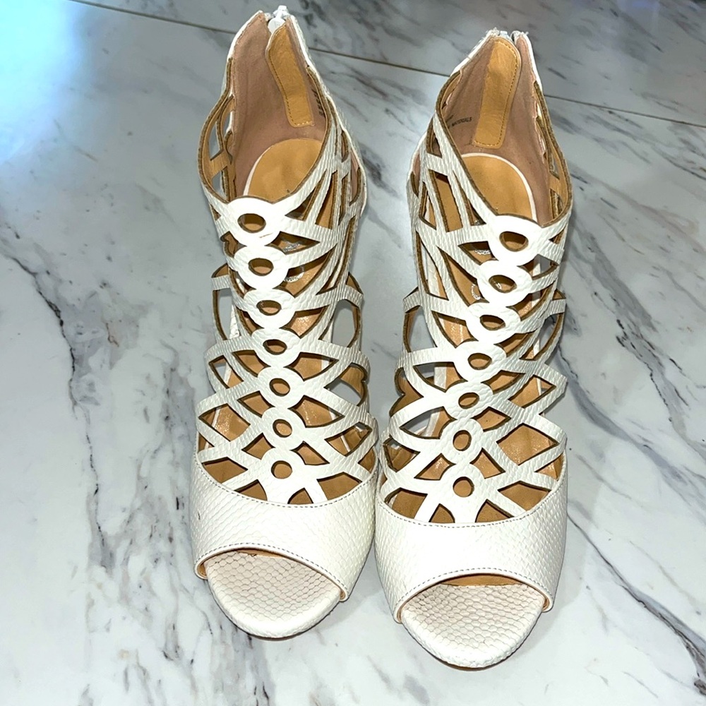 Off white XOXO caged peep toe zipper back 4 inch stiletto